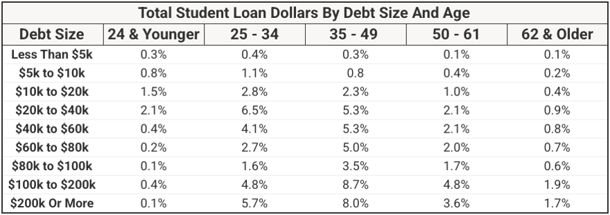 Total Student Loan Dollars By Debt Size And Age Total Student Loan Dollars By Debt Size And Age | Source: The College Investor