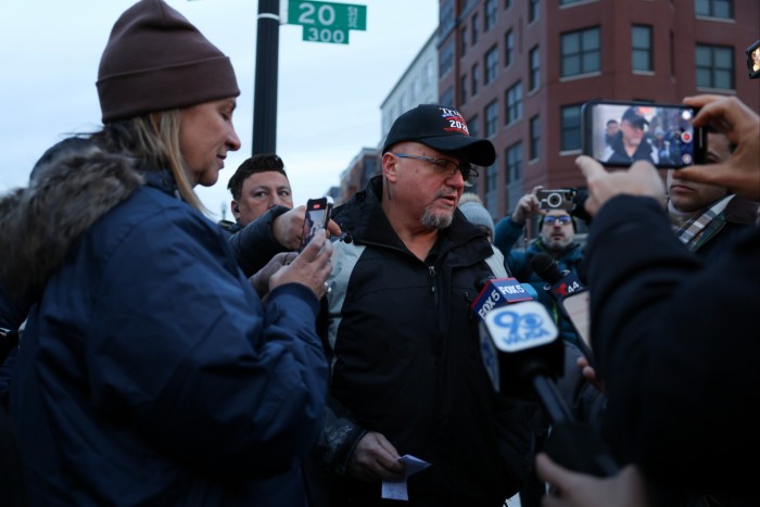 Stewart Rhodes speaks with press after being released from prison