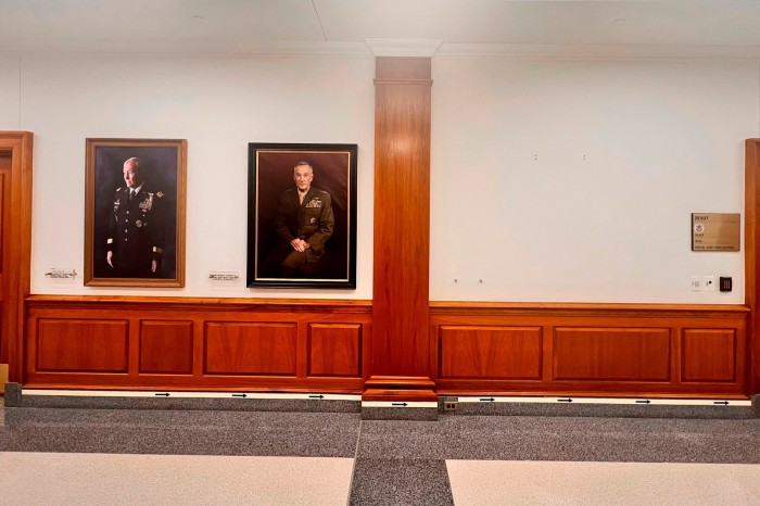 The space where a portrait of retired Gen. Mark Milley is empty at the Pentagon