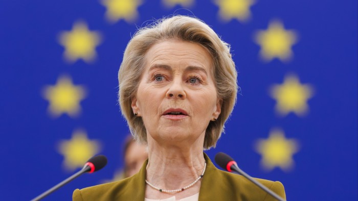 European Commission president Ursula von der Leyen speaks at a podium during a debate at the European parliament in Strasbourg