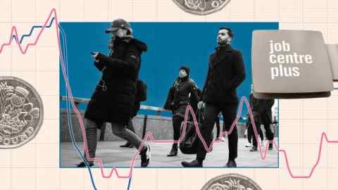 Montage image of a Job Centre Plus sign, commuters crossing a bridge in London, pound coins and chart lines