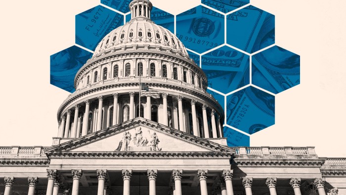 A montage showing the US Capitol and US dollars in the background