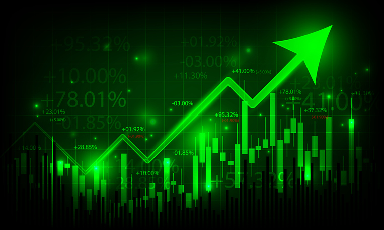 green-tinted stock market chart with green arrow going up and green bars