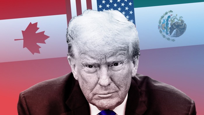 A montage with Donald Trump in the foreground and the flags of Canada, the US and Mexico in the background