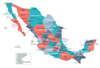 A map of Mexico showing states and major cities.