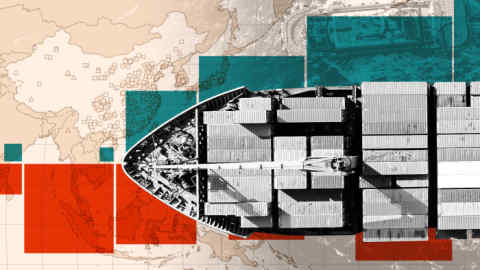 Aerial view of a cargo ship loaded with shipping containers, overlaid on a stylised map of Asia with red and teal geometric shapes and  map symbols