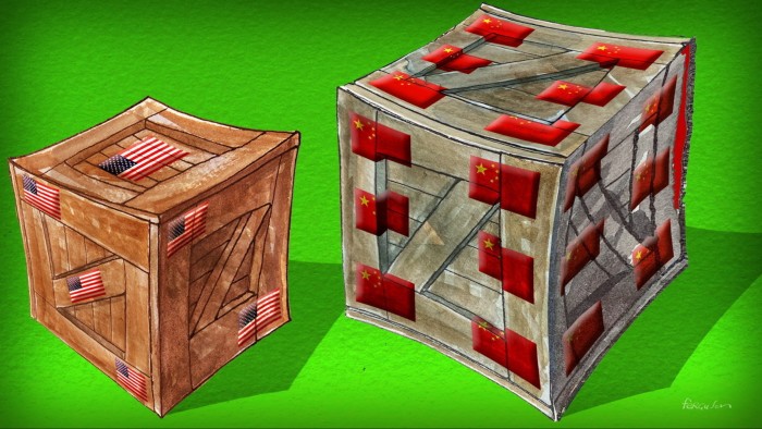 James Ferguson illustration of two packing crates, the bigger one covered in the Chinese flag and the smaller one in the US flag