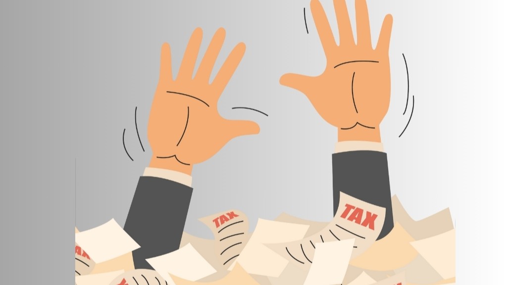 illustration of person sinking under a mountain of tax forms and paperwork