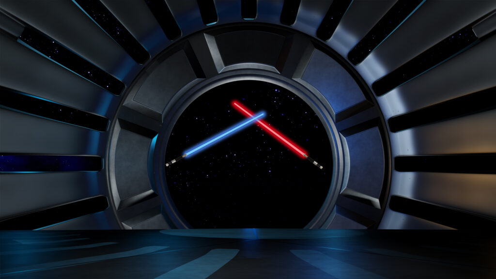 Red and blue lightsabers crossed in a galactic space ship hub overlooking space