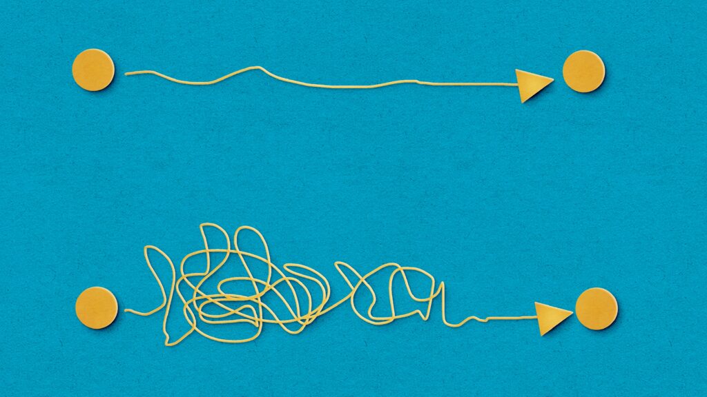 A straight yellow line compared with a squiggly line to depict easy vs difficult.