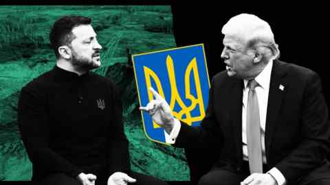 Ukrainian President Volodymyr Zelensky talks with US President Donald Trump