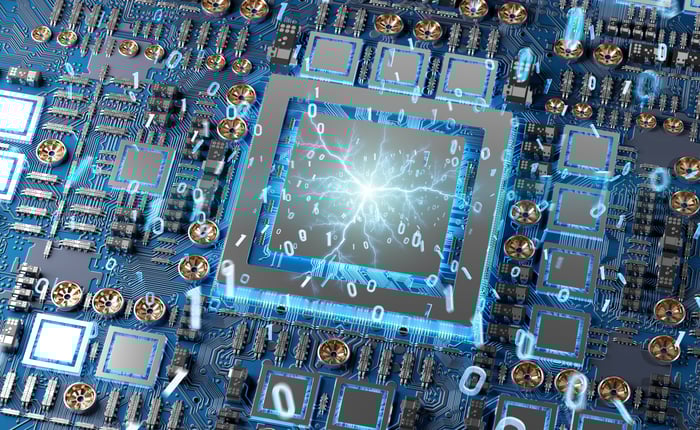 A quantum computing chip processing data.