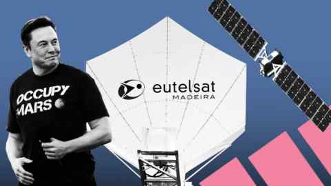 Montage of Elon Musk, Eutelsat, SES O3b mPOWER satellite and chart