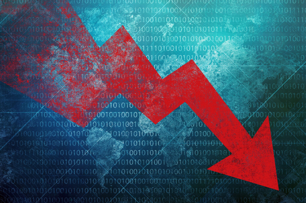 world map binary code red arrow stocks down