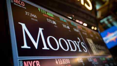 A monitor displays a Moody’s logo o