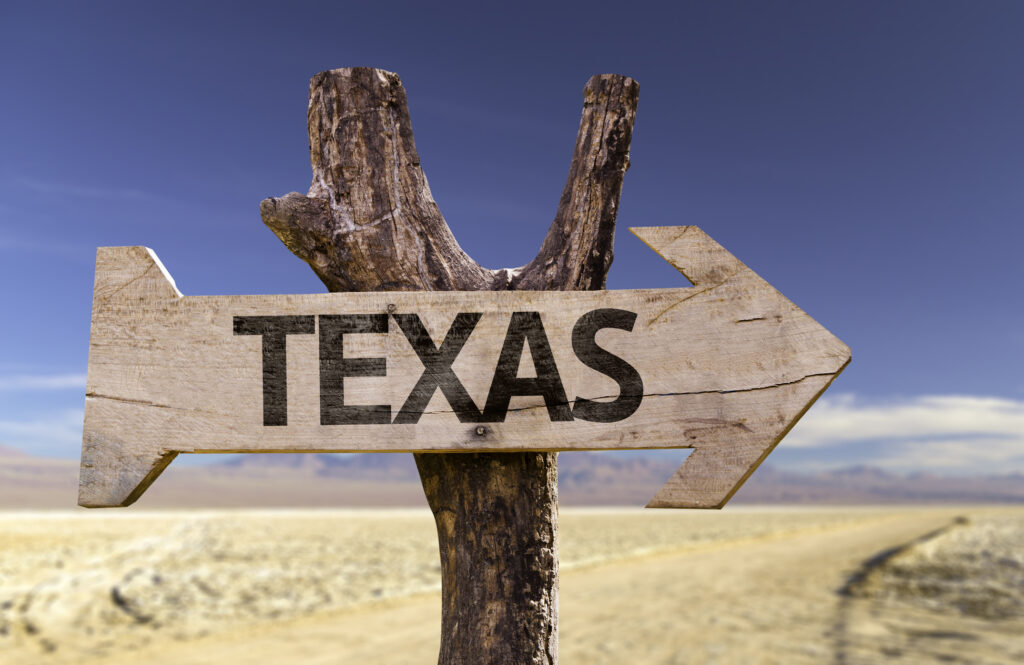 Wooden arrow sign that reads &quot;Texas&quot; against a desert backdrop