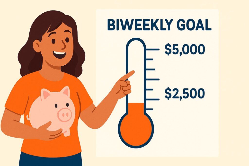 Woman holding pink piggy bank pointing to biweekly savings goal chart with thermometer tracker showing $2,500 and $5,000 milestones