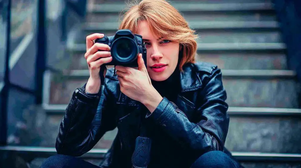 23 Best Side Hustles For Women 2 A close-up of a person holding a professional camera, composing a shot in an outdoor setting for photography.