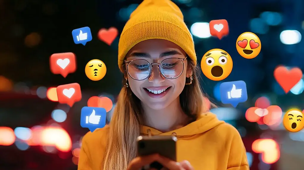 23 Best Side Hustles For Women 3 A person smiling while looking at a smartphone, with social media icons or a "like" button overlaid, showing content creation.