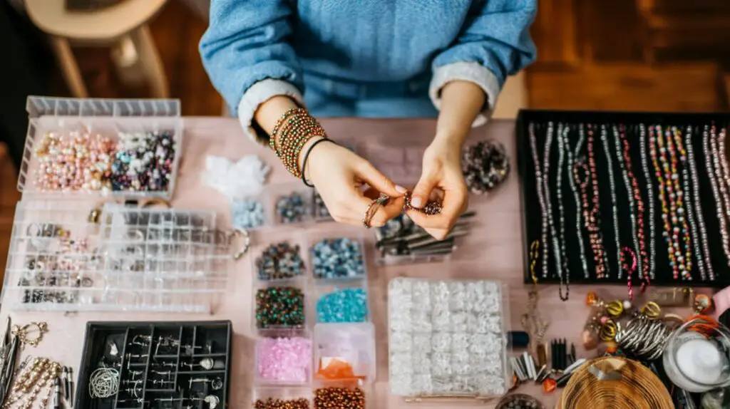 Top-down view of hands crafting DIY jewelry, surrounded by beads, tools, and supplies.