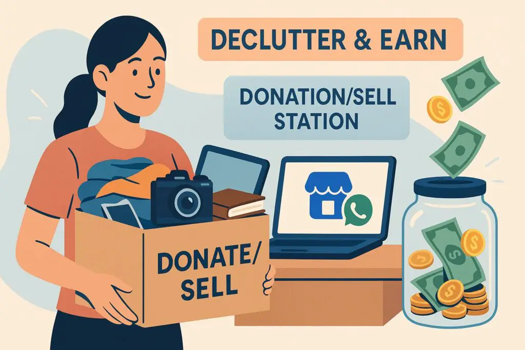 Woman holding a box of items to sell, with a laptop showing marketplace apps and a savings jar.