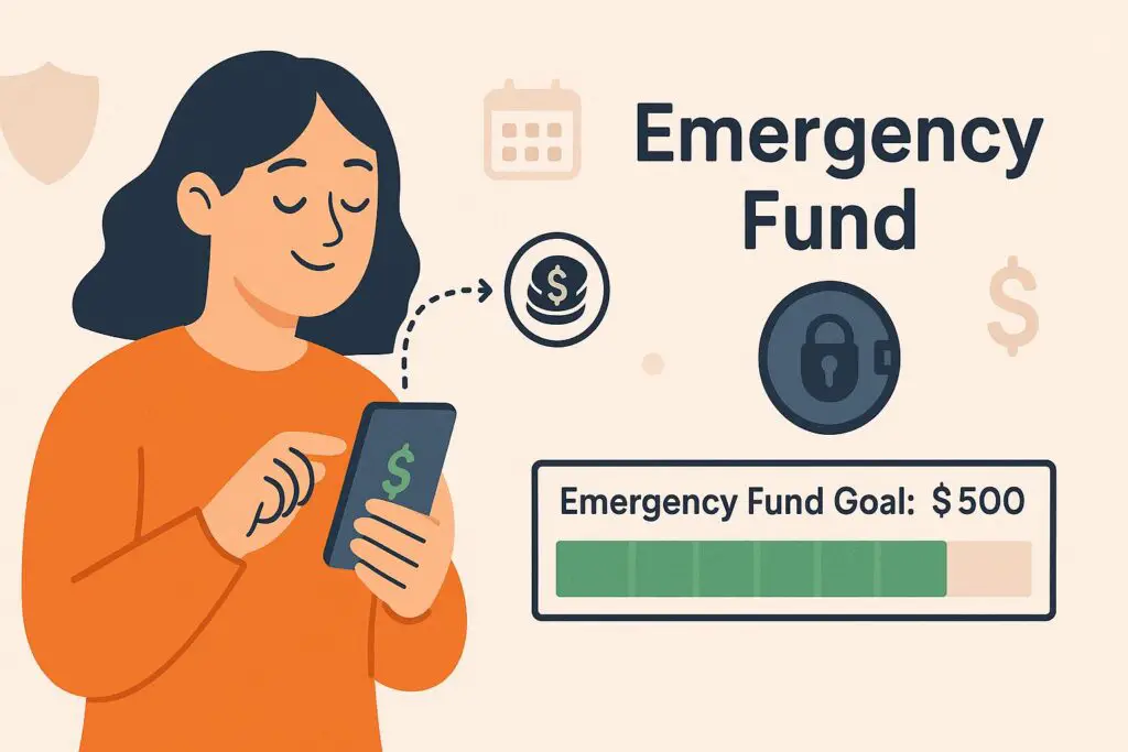 Woman transferring money to a digital emergency fund, with a $500 goal tracker and vault icon.