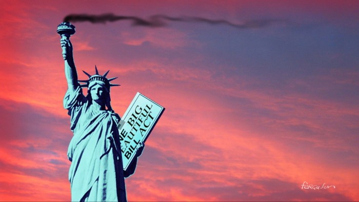Illustration of Statue of Liberty on orange sky background