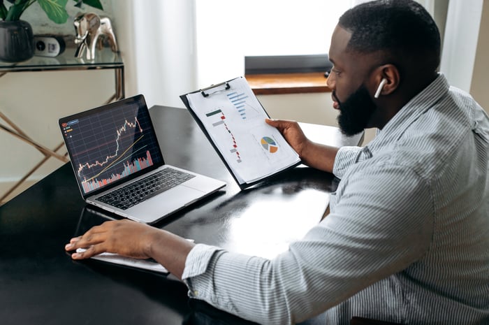 An investor looks at a stock chart and other financial charts while sitting at a desk.