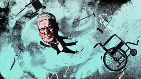 Ellie Foreman-Peck illustration of Keir Starmer caught up in a whirlwind, with a wheelchair, crutches and walking sticks flying around him