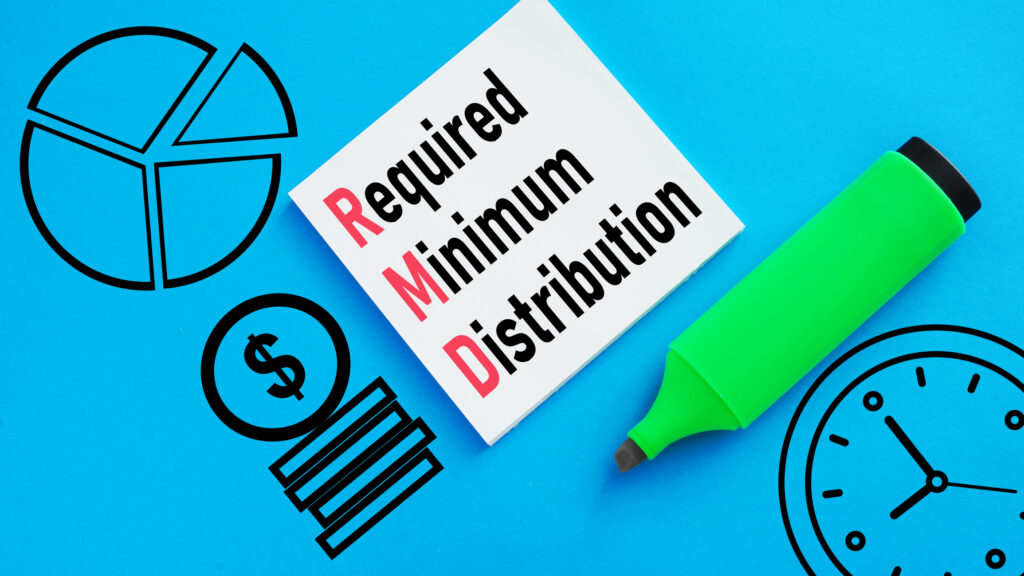 A post-it note with &quot;required minimum distribution&quot; written on it against a bright blue background with a green uncapped highligher.