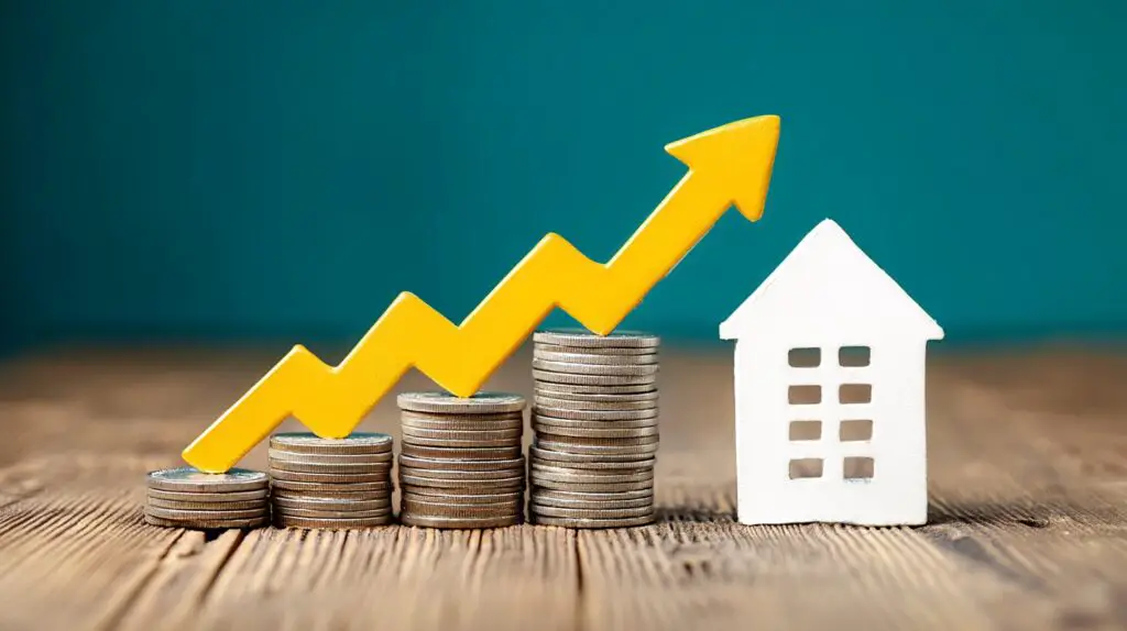 Coin stacks and a yellow upward arrow leading to a white house icon on a wooden surface, symbolizing financial growth in real estate.