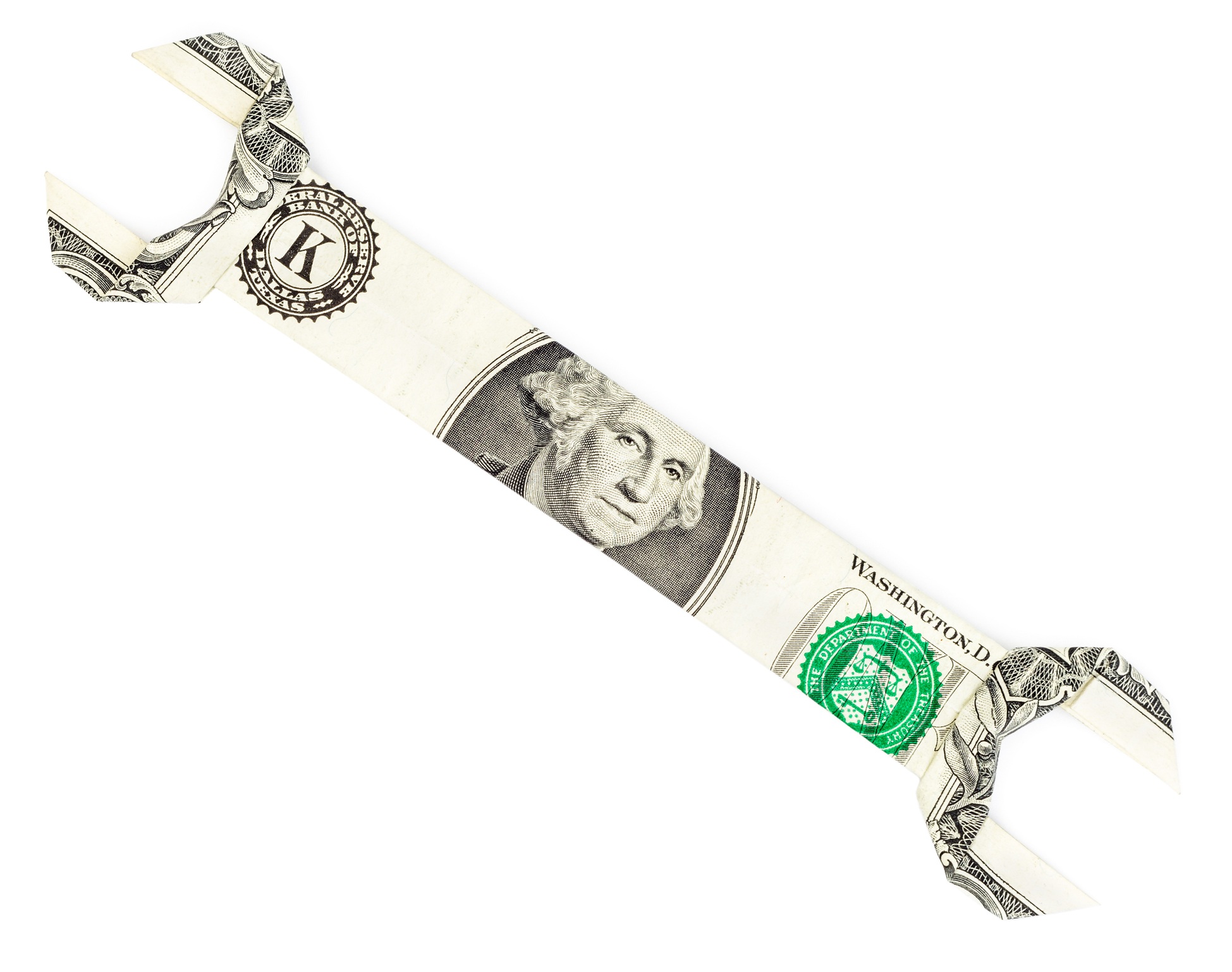 An origami spanner made of money.