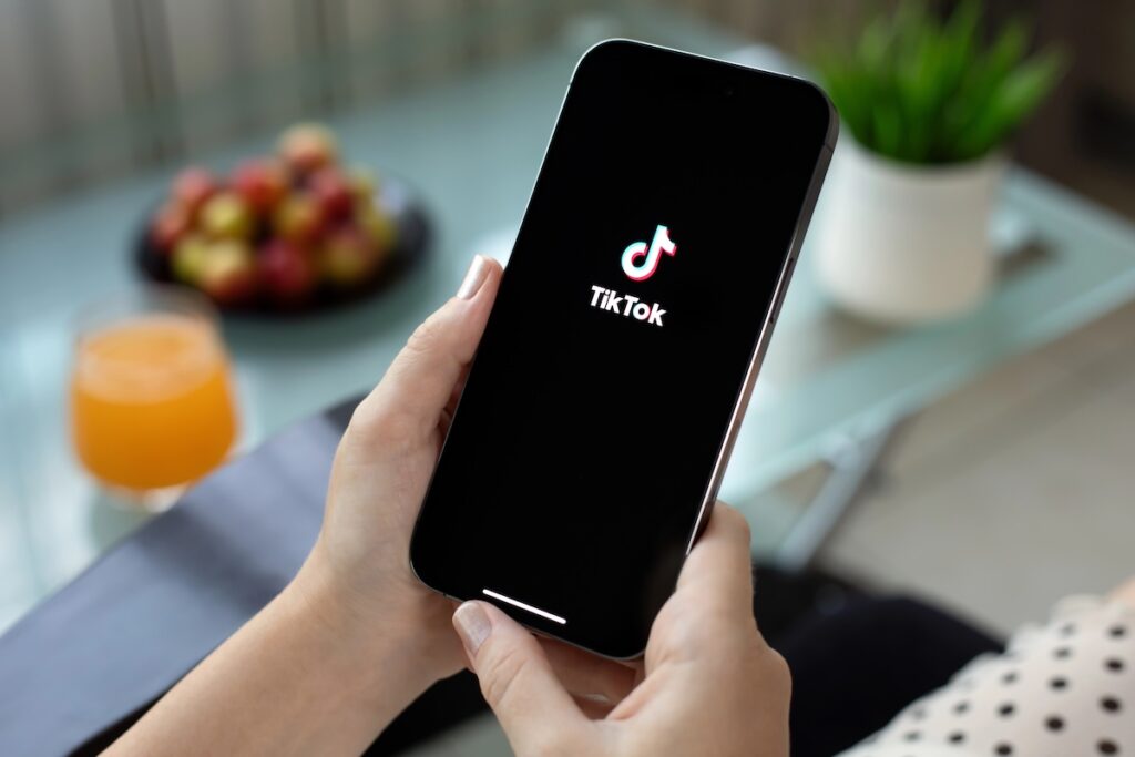 Woman holding Apple iPhone 15 Pro Max with streaming service media and video TikTok on the screen | Photo by prykhodov