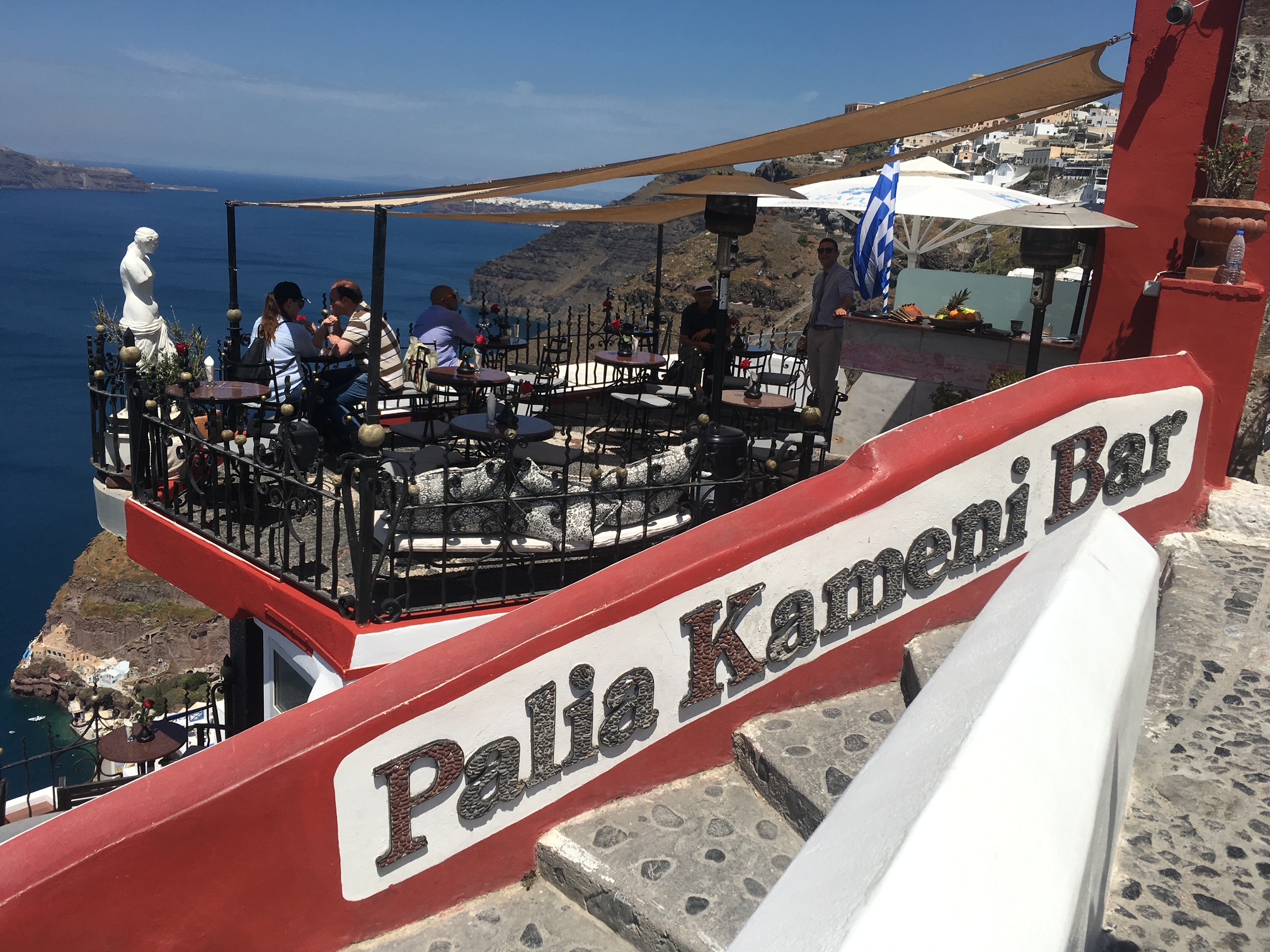 View of the ocean from a bar on Fira, Santorini, Greece.