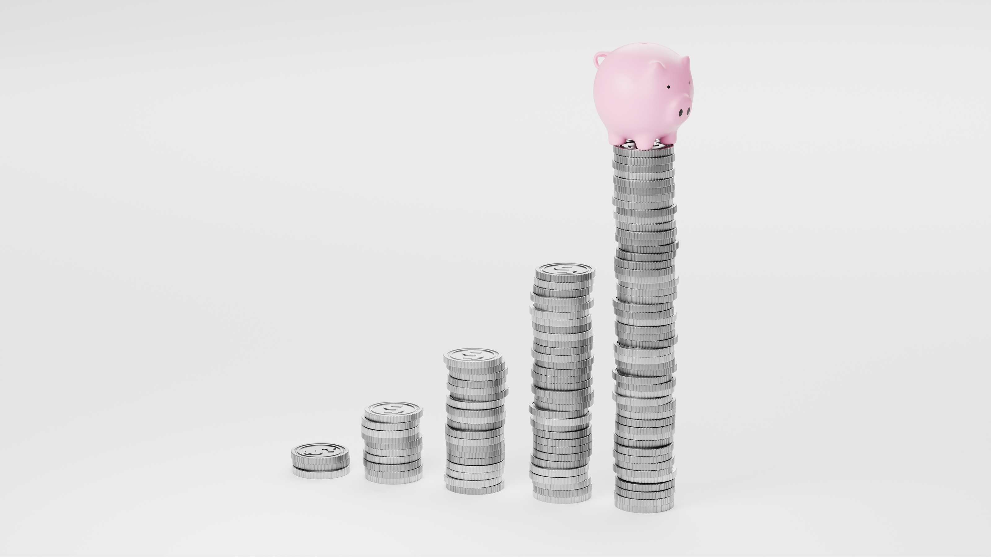 Coin stacks get subsequently very tall, and a piggy bank balances on the tallest one.