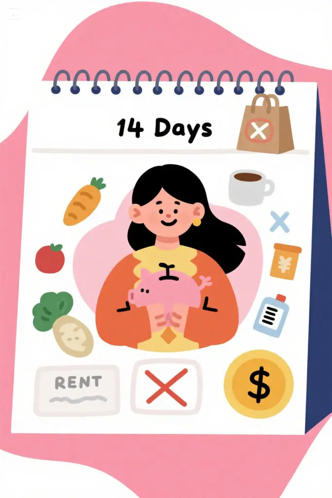 2 Week No Spend Challenge 2 Illustration of a woman smiling while holding a piggy bank, set against a pastel pink background. A calendar marked “14 Days” is displayed, with icons of shopping bags, coffee cups, and takeout meals crossed out. Around her, icons for essentials like groceries, rent, utilities, and bills are highlighted.