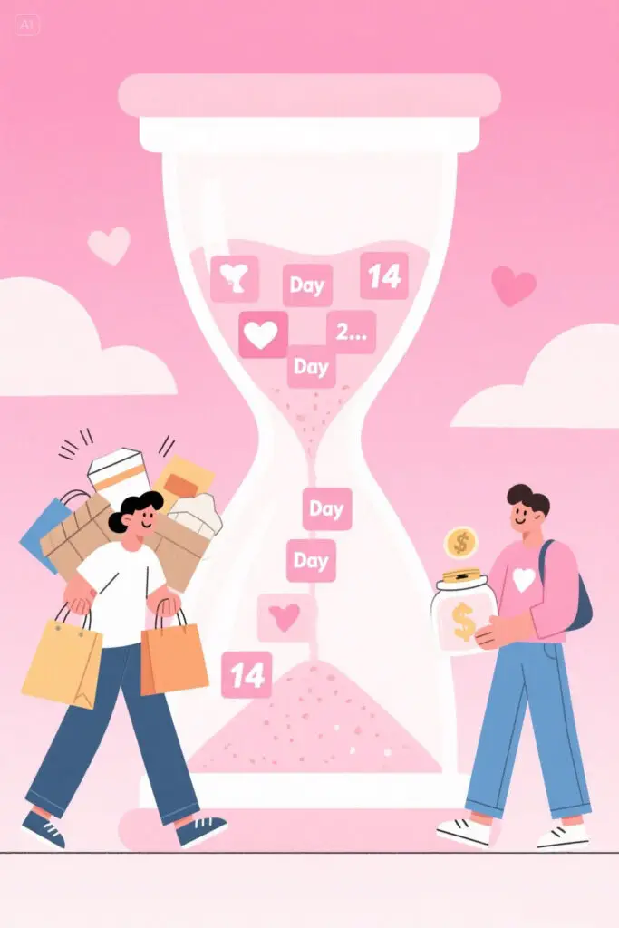 2 Week No Spend Challenge 3 Illustration of a large hourglass with 14 blocks of sand, each labeled for a day in the two-week challenge. On the left side, a person appears stressed carrying shopping bags and takeout boxes. On the right side, the same person looks calm and happy holding a savings jar. Background in soft pastel pink with light highlights.