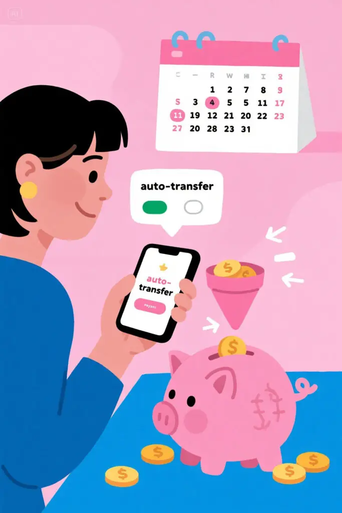 Flat digital illustration of a woman enabling auto-transfer on her phone while coins flow automatically into a piggy bank. A calendar with recurring marks is shown in the background, symbolizing consistency. Soft pastel pink background for a simple and reliable investing mood.