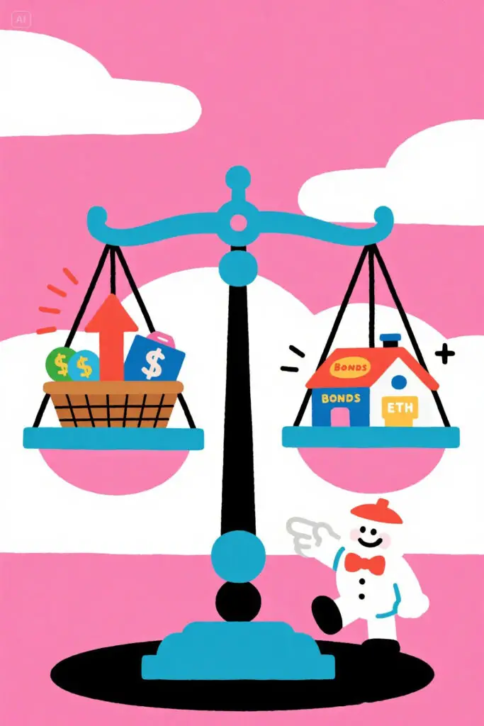 Flat digital illustration of a balanced scale with stocks on one side and bonds, real estate, and ETFs on the other. A smiling character points to the scale, symbolizing diversification. Pastel pink background with a calm, positive investing theme.