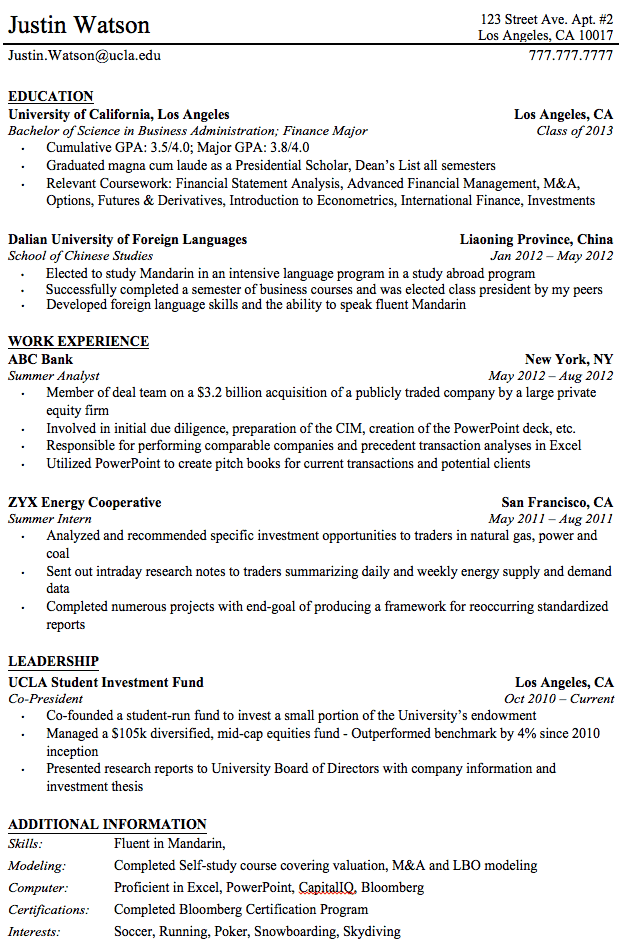 Professional Resume Professional Resume Example | Source: The College Investor
