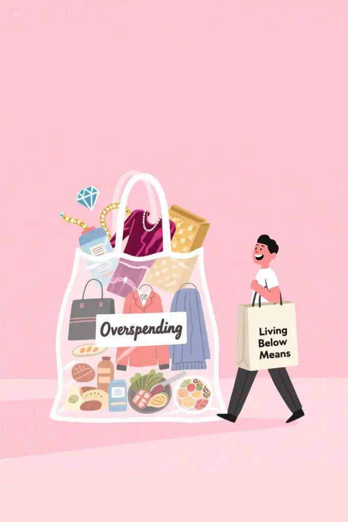 Illustration of a person happily carrying a small shopping bag labeled “Living Below Means,” while a larger bag labeled “Overspending” sits aside. The pastel pink background with golden highlights represents balance, simplicity, and financial discipline.