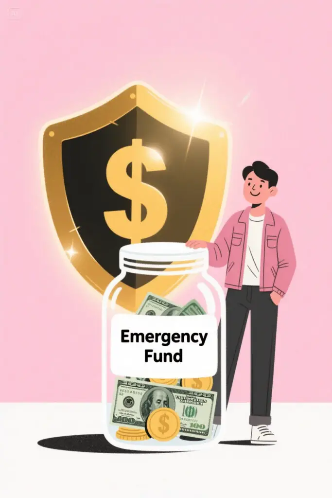 Illustration of a glass jar labeled “Emergency Fund,” filled with coins and dollar bills, with a glowing shield behind it. A smiling person stands nearby, symbolizing security and preparedness. The pastel pink background with golden highlights conveys financial protection and peace of mind.