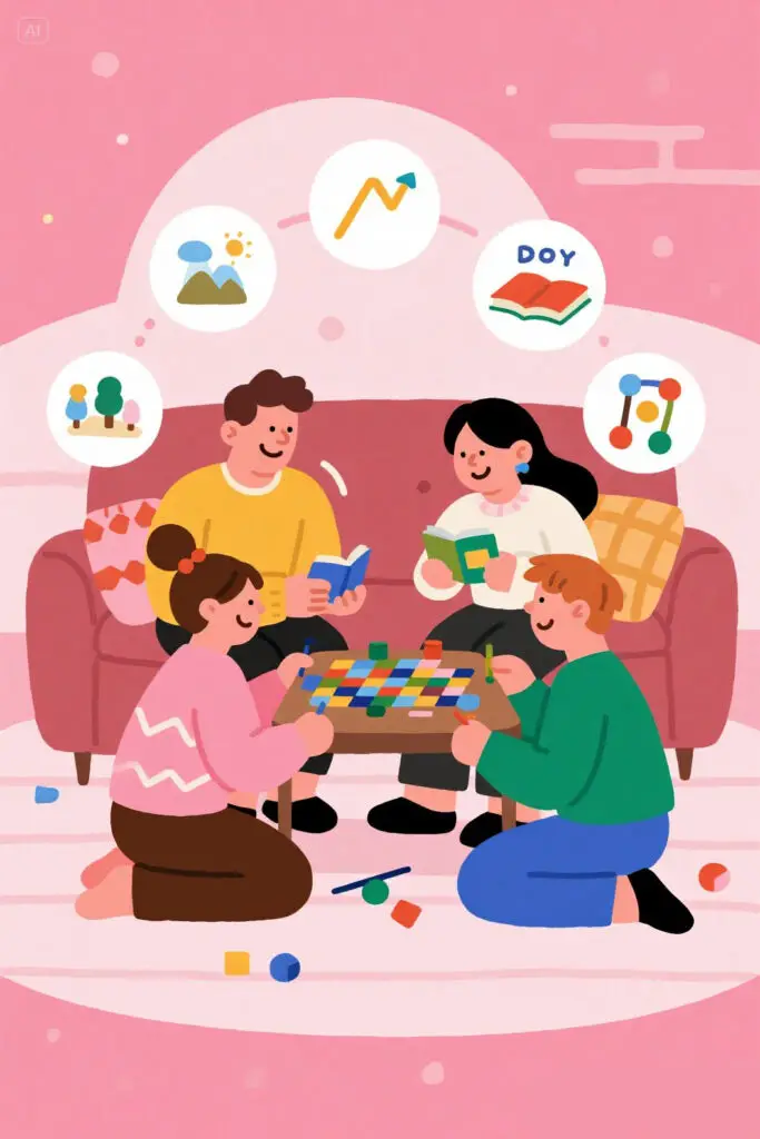 A cheerful family gathered at home for a cozy board game night, smiling and laughing together. Floating icons in the background show a hiking trail, a book, and DIY crafts, representing fun activities that don’t cost money. The illustration has a pastel pink background with glowing highlights.