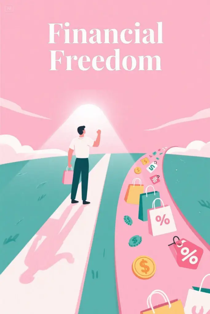 A digital illustration of a person standing at a crossroads, with one path filled with shopping bags and sale signs and another glowing path labeled “Financial Freedom.” The person confidently chooses the bright path. The scene is set against a pastel pink background with soft highlights, symbolizing positive mindset and empowerment.