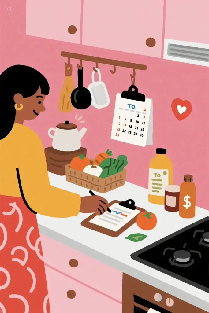 Person organizing groceries and essentials in a kitchen while marking a checklist on a clipboard, with a calendar showing marked days in the background, pastel pink backdrop with soft highlights.