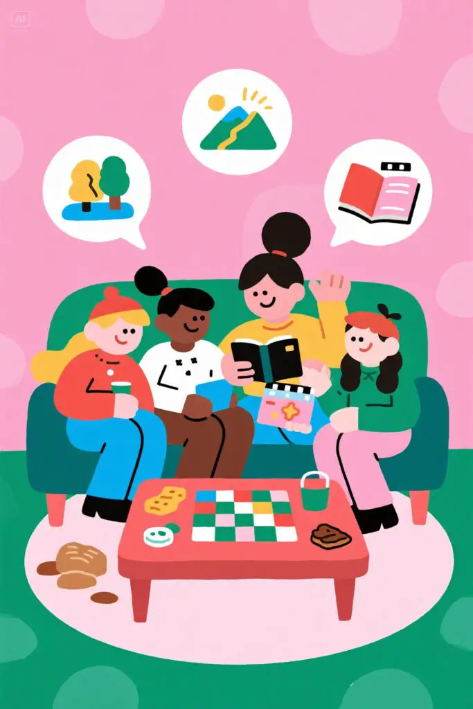 Group of friends enjoying a board game night at home with snacks and laughter, with faint icons of hiking, books, and movies floating in the background on a pastel pink highlighted backdrop.