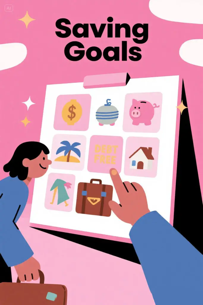 Budgeting Tips For Saving Money Fast 2 Illustration of a person standing in front of a vision board filled with financial icons like a piggy bank, house, suitcase, and debt-free sign, on a pastel pink background with highlight accents, symbolizing setting clear financial goals.