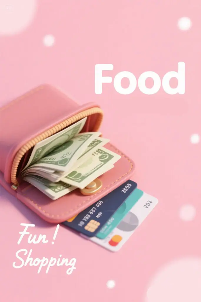 Budgeting Tips For Saving Money Fast 3 Illustration of a person holding cash and budgeting envelopes labeled “Food,” “Fun,” and “Shopping,” with a wallet full of cash beside unused credit cards, on a pastel pink background with light highlights, representing mindful cash-based spending.