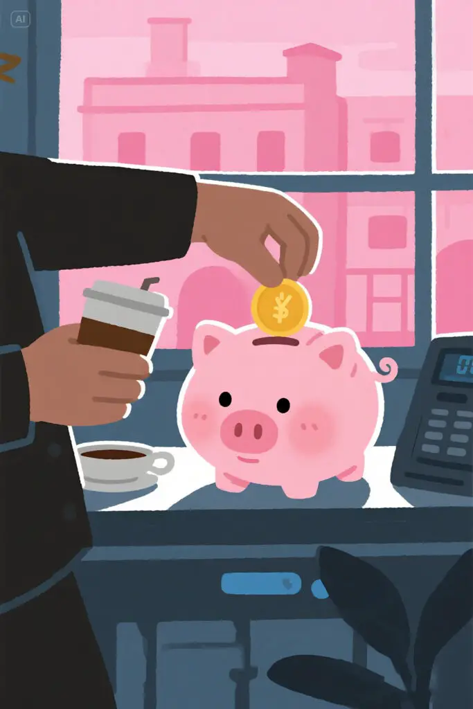 17 Best Savings Strategy Biweekly Ideas 3 Digital illustration of a person buying coffee while dropping the same amount of money into a smiling piggy bank, symbolizing matching expenses with savings, on a pastel pink background with highlights.