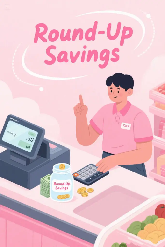 17 Best Savings Strategy Biweekly Ideas 2 Illustration of a person at a grocery store checkout rounding up their purchase, with extra coins and small bills being placed into a jar labeled “Round-Up Savings,” on a pastel pink background with highlight accents.